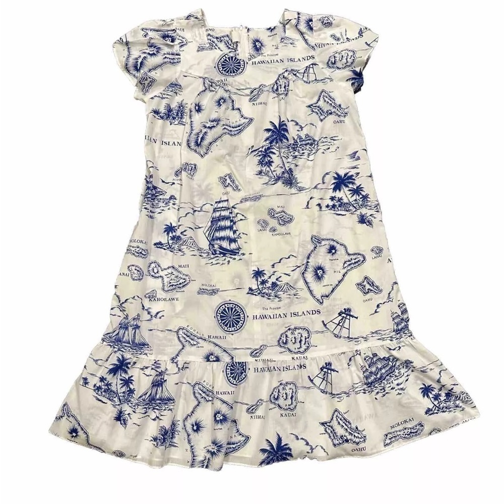 White and Navy Hawaiian-Print Midi Dress
